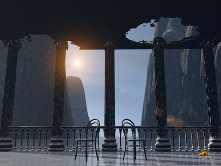 talk about us - sky, pillars, terrace, chairs, view over water, cg