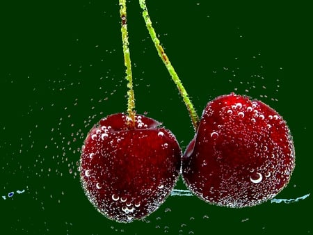 CHERRIES - cherrie, green background, water drops, two