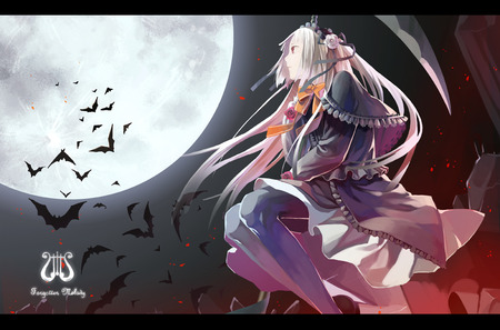 Forgotten Melody - moon, scythe, anime, dress, girl, newrein, long hair, white hair, bats, cute, eternita forotten melody, pink hair, sexy