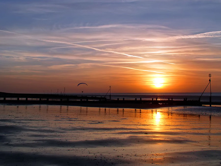 Sunset Paraglider - paraglider, water, beach, sunset