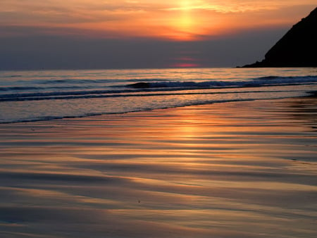 Sunset Beach - beach, blue, water, sunset, gold