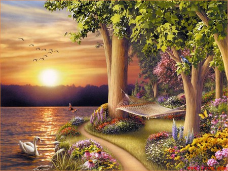 Slice of paradise - trees, swan, hammock, grass, flowers, path, sunset, butterfly, lake, nice, paradise, peaceful