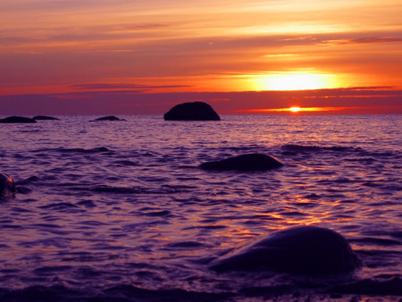 Sunset And Rocks - sunset, ocean, water, rocks