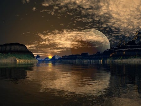 Fantasy Moon Lake - moon, mountains, lake, fantasy