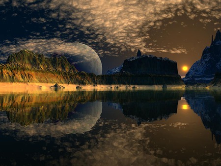 Moon and Cloud Reflection - moon, lake, clouds, water, mountains