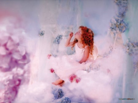 Adorable - girl, redhair, swing, wings, flowers, bubbles