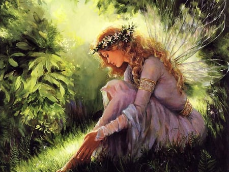 A moment alone - sitting, woods, wings, leaves, fairy, flowers, transparent