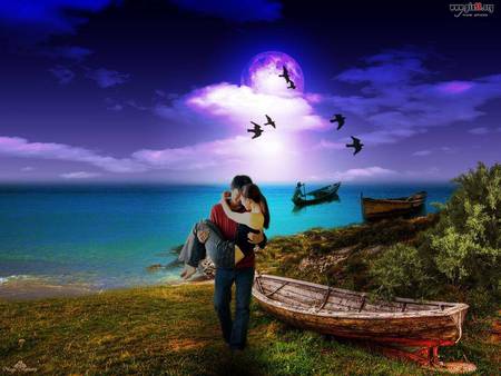 My hero - clouds, moon, birds, canoes, grass, man, moonlight, tree, woman, couple