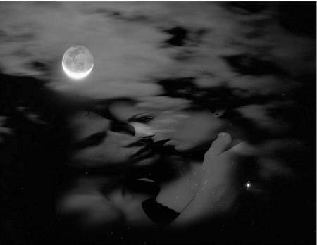 lost in your eyes - moon, clouds, black and white, couple