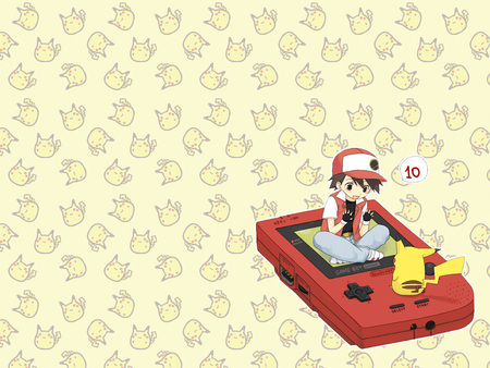 Pikachu and Red on a Gameboy