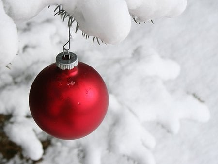 Red bauble in snow - bauble, christmas, snow, red