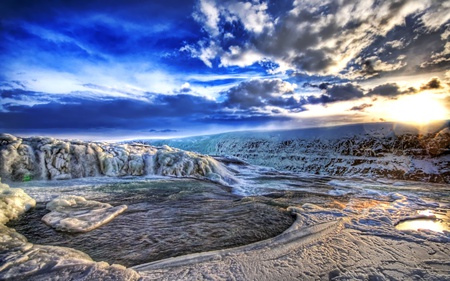 The 3rd World - sky, ray, water, clouds, mountain, sun, blue