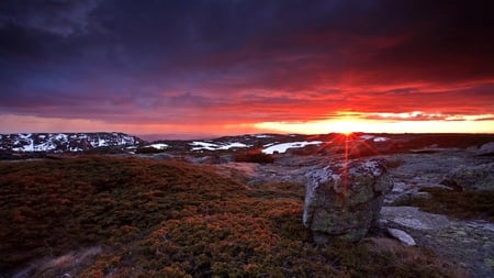 PORTUGAL HILLTOP SUNSET - dawn, rocky, hills, sunset, red sky, plants