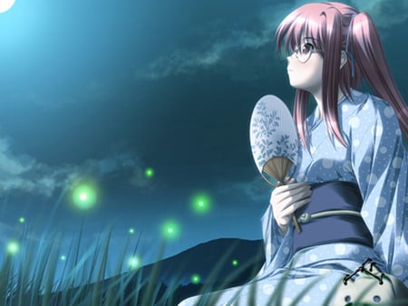 anime girl - girls, anime, summer, cute, fireflies, kimono, night