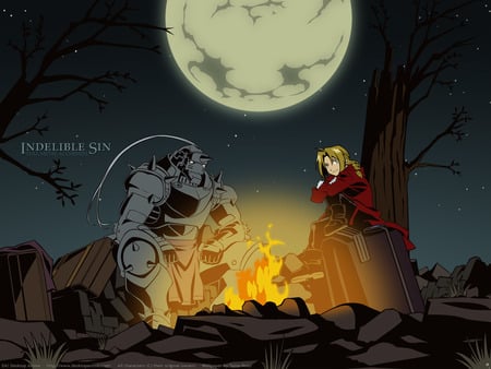 full metal alchemist - moon, alphonse, night, fire, edward, full metal alchemist