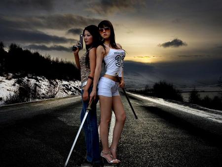 figth? - girls, guns, road, sexy, sky