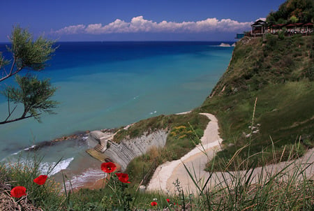 Private beach - poppies, blue, sea, sand, mountain, flowers, view, red, sky, rocks