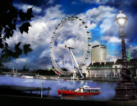 Ferris wheel - clouds, ferrris wheel, boadwalk, lamp post, lake, buildings, leaves, canoe