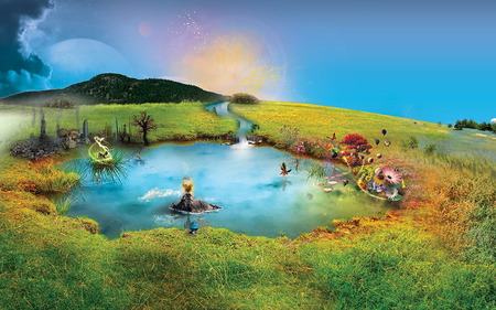 Wizards - pretty, calm, blue, scene, grass, mountain, happy, flowers, lake, hole, nice, place, sky, trees, water, pond, colors, lovely, awesome, green, mushrooms, butterfly, balloons, 3d, country, peaceful