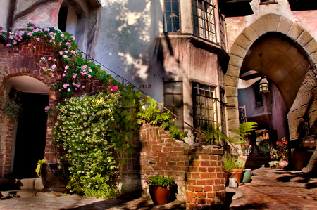 Normandy Delight - flowers, house, bricks, archway, normandy, stairway, france, hnouse