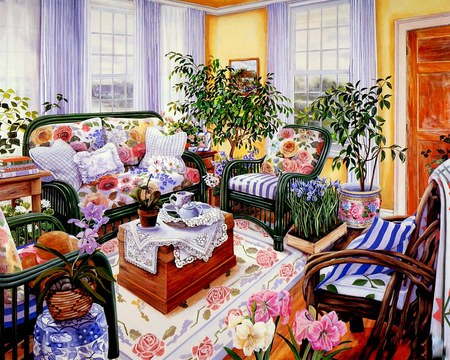 Sunroom Splendor - coffee table, draperies, sofa, sunroom, windows, chairs, room, tsoo, flowers, plants