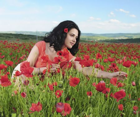 Poppies - flowers, female, woman, beautiful, girl, face