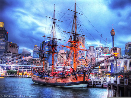 Sailboat - marina, blue, ship, sea, harbor, sky