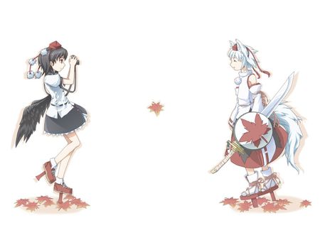 aya n momizi - girls, funny, touhou, camera, aya shimeimaru, aya, green, anime, pose, photo, cute