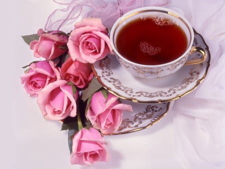 tea time - relaxing, wellness, roses, pretty, pink, tea, flowers, cup