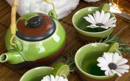 tea time - cups, relaxing, enjoy, feng shui, tea, wellness, flowers, tea pot, white, green, cup