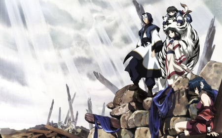 Utawarerumono - anime character, compilation, rock, pose, utawarerumono, sky, wallpaper