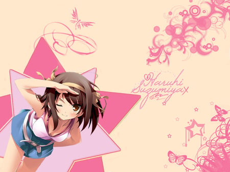 The Melancholy of Haruhi Suzumiya - Haruhi Suzumiya - melancholy, pink, anime, suzumiya, haruhi