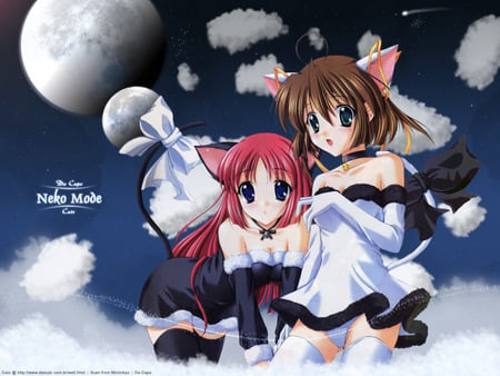 Neko Mode - moon, neko, girl, cat, black, white, clouds, anime, mode