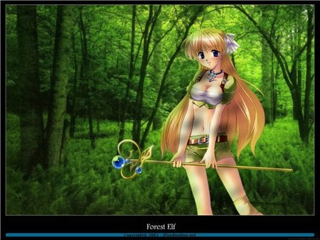 Forest Elf - staff, forest, blonde, elf, woods, anime, hair, green