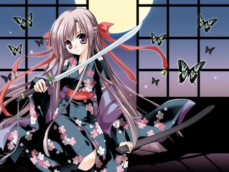 Dream Maker - Kimono Samuri Girl - moon, girl, hair, samuri, dream, butterfly, maker, pink, anime, sword, kimono