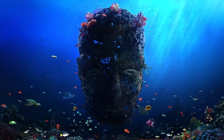 3D Digital Art - face, ocean, ancient, marine life, 3d, digital art, fish