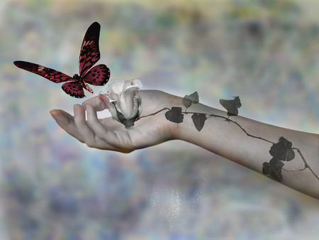 Butterfly - fantasy, hand, red, wings, rose, flower