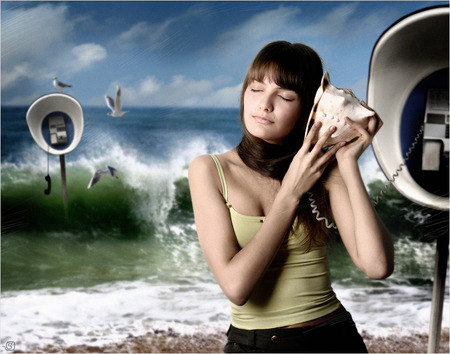 Phone call - woman, beach, female, girl, sea, birds, waves