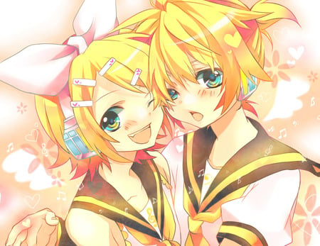 Kagamine Rin & Len - brothers, kagamine rin, girl, blue eyes, blonde hair, headphones, boy, anime, blush, ribbon, kagamine len, cute, short hair