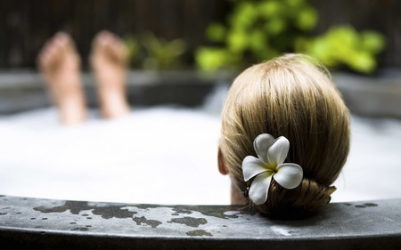 time to relax - relax, foam, woman, tube, wellness, flower