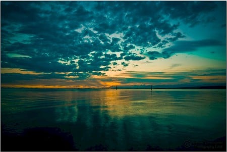 Sunset - clouds, blue, sea, dark, sky