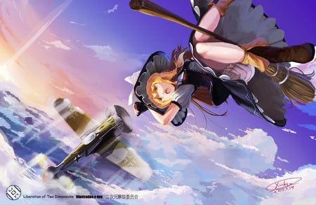 Kirisame Marisa - yellow eyes, sky, sexy, girl, long hair, plane, witch, blonde hair, clouds, broom, anime, cute, kirisame marisa