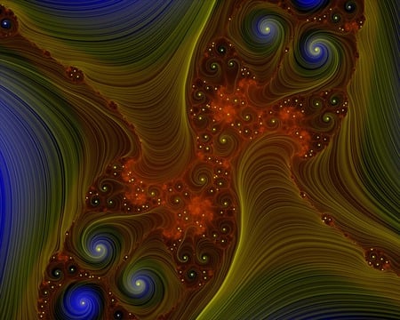 Fractal Autumnal Twister - abstract, burnt sienna, leaf green, lapis blue, fractal