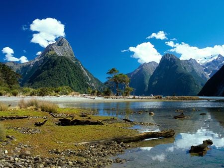 Mitre Peak~Milford Sound~New Zealand - lake, trees, new zealand, mountians, water, peak, hd, nature, foilage, clouds, pebbles, snow, beautiful, stones, sand