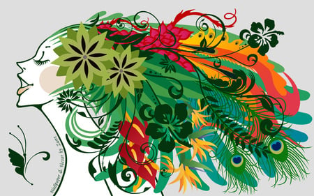 kunie artwork - pretty, beautiful, females, flowers, colorfull, green, plants, vector arts, art