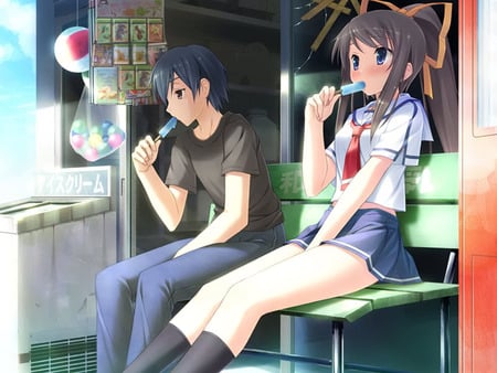 popsicles - ice cream, waiting, schoolgirls, popsicles, cute, couples