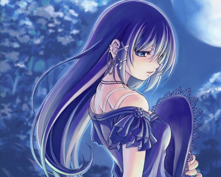 anime girl - beautiful, mistress, girl, night, blue