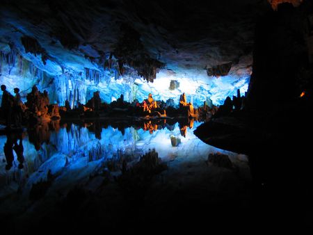 Cave reflections - brown, dark, blue, water, cave, stones, black, rocks