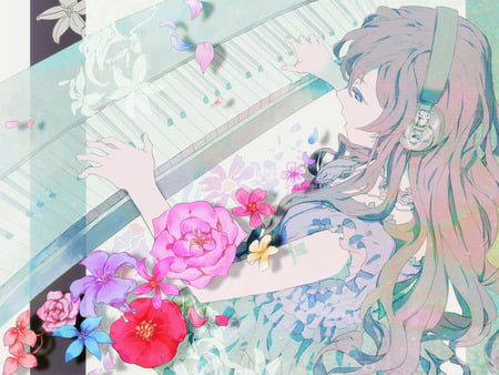 Megurine Luka - piano, anime, vocaloid, girl, long hair, flowers, headphones, megurine luka, cute, pink hair, sexy, blue eyes