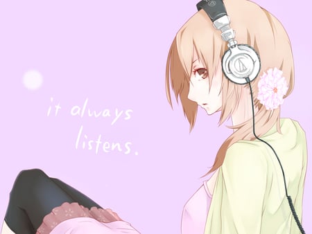 It always listens - sexy, girl, brown eyes, headphones, ponytail, anime, cute, brown hair